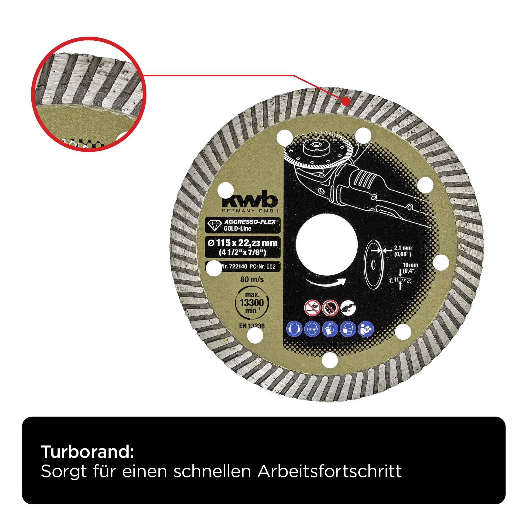 'Disco diamantata turbo con Aggressor-Flex. Velocità 80 m/s, max. 13300 giri/min. Per un rapido avanzamento dei lavori su pietra/materiali speciali.'
