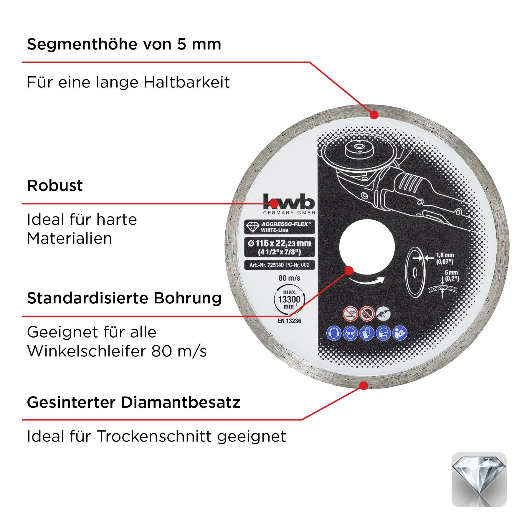 Disco abrasiva con lama da taglio. 'Altezza segmento 5 mm', 'Robusta', 'Foro standardizzato', 'Rivestimento diamantato sinterizzato' evidenziato in rosso.