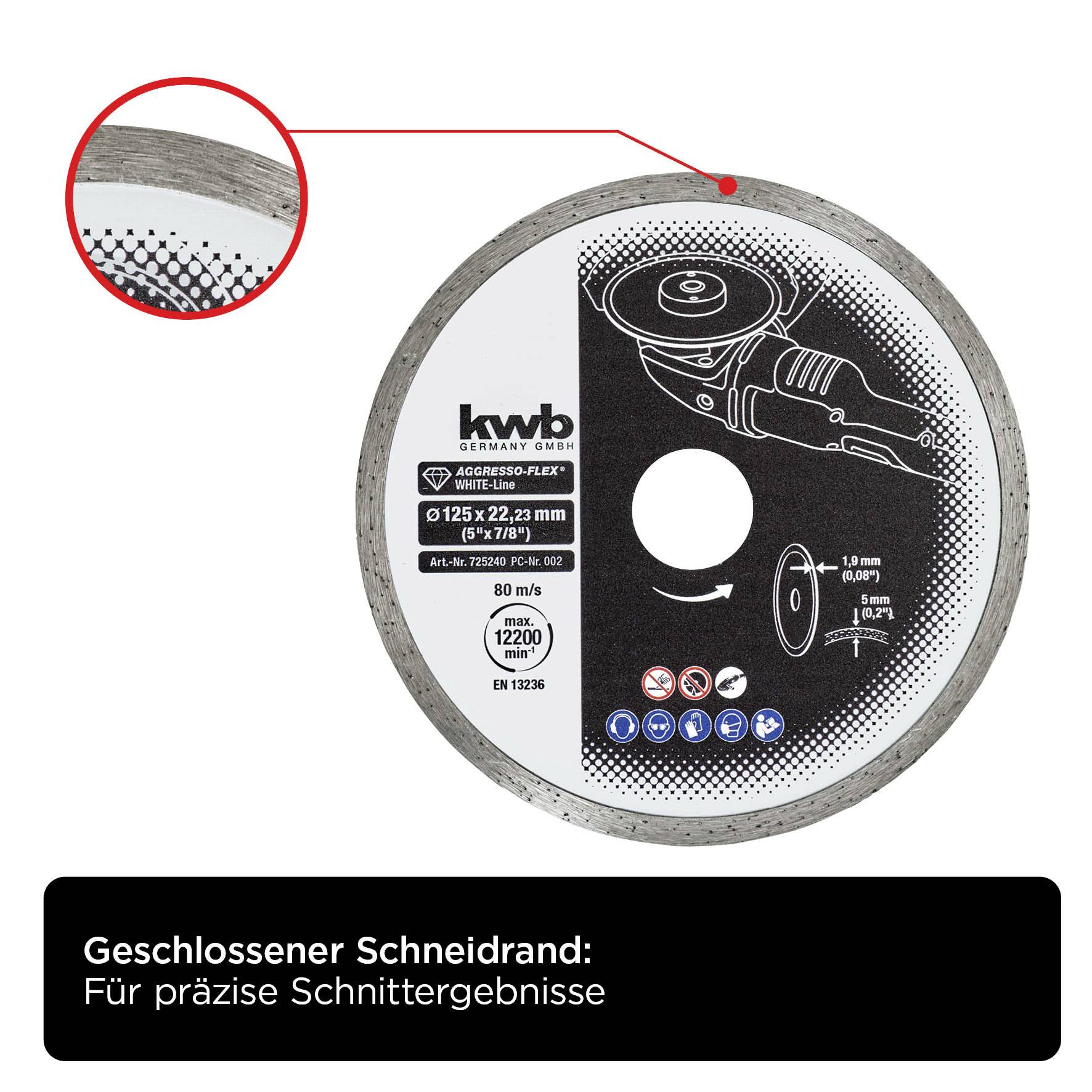 Illustrazione di un disco da taglio diamantato KWB con bordo di taglio chiuso per risultati di taglio precisi, adatto per smerigliatrici angolari.