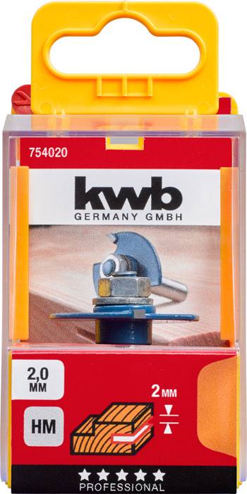 'KWB Germany GmbH' Klingen, 2,0 mm HM, in blister pack. L'immagine mostra un primo piano della confezione con dettagli del prodotto e logo.