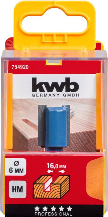 'Kwb Germany GmbH' Confezione della fresa: Contiene una fresa blu, 16,0 mm, in metallo duro, adatta per lavori in legno. Blocco di legno visibile per il confronto.