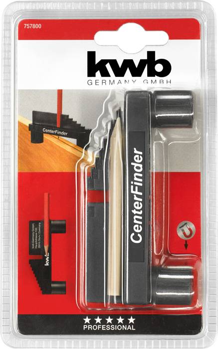 Confezione di uno strumento 'CenterFinder' di KWB con una matita e accessori in un blister.