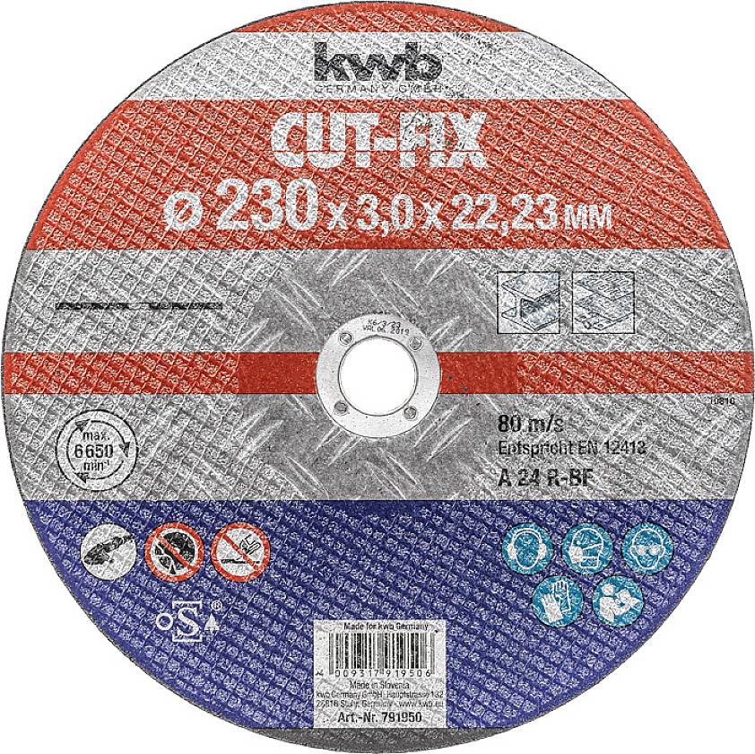 Disco abrasivo 'KWB CUT-FIX' con diametro di 230 mm, spessore di 3 mm, foro da 22,23 mm; idoneo per 80 m/s, EN 12413, codice articolo 781950.