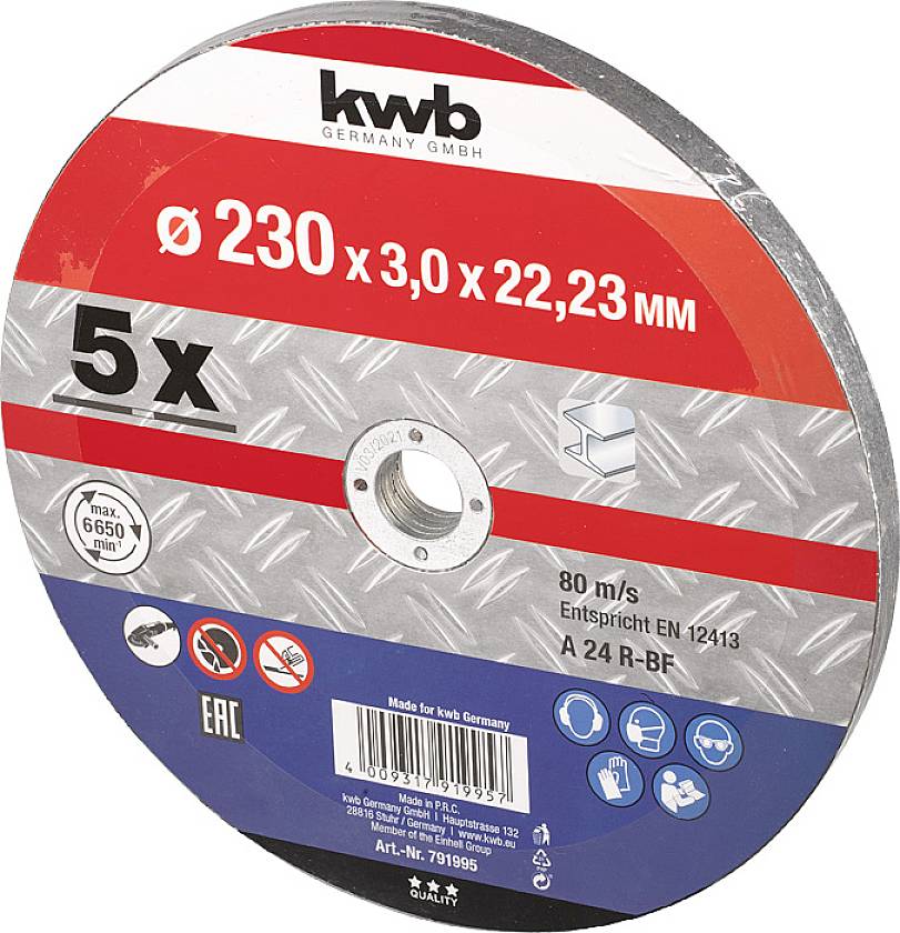 Disco abrasivo kwb, diametro 230 mm, spessore 3 mm, per lavorazione metalli, max 80 m/s, conforme EN 12413, confezione da 5 pezzi.