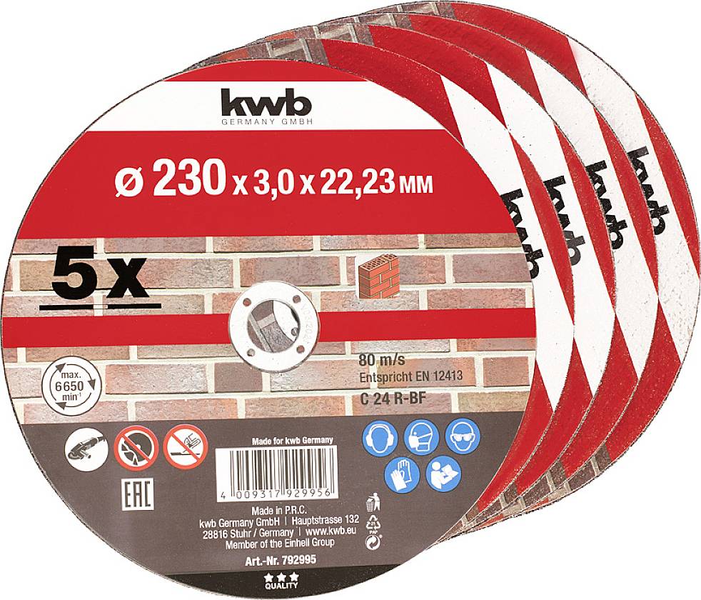 Cinque dischi da taglio con la scritta 'Ø 230 x 3,0 x 22,23 mm'. Idonei per una velocità massima di 80 m/s. Norma: EN 12413.