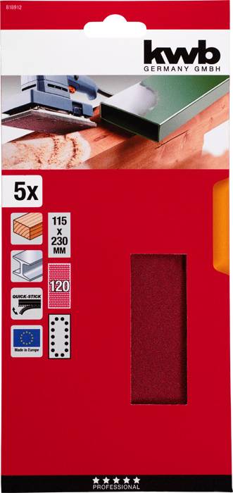 'Kwb Germany GmbH' Carta abrasiva in confezione rossa, contiene 5 fogli, 115 x 230 mm, adatta per legno, con sigillo europeo di qualità.