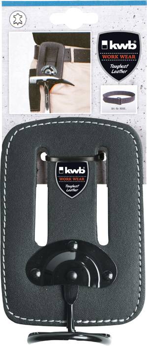 Porta martello nero in pelle di 'kwb Work Wear' per fissaggio alla cintura, adatto per martelli fino a 430 g. Confezione con logo e immagine del supporto indossato.