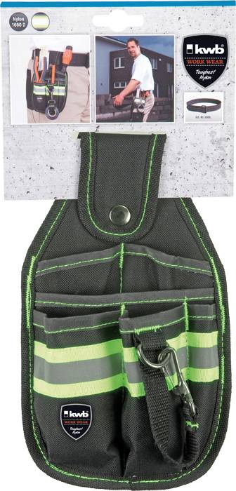 Borsa degli attrezzi con design verde e nero, dotata di diversi scomparti e ganci. La confezione mostra l'applicazione alla cintura, con l'immagine di un operaio.
