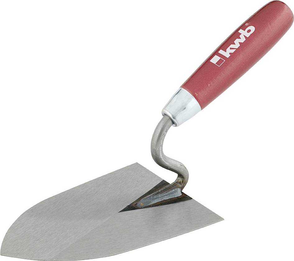 Cazzuola con manico rosso e lama in metallo, adatta per lavori edili.
