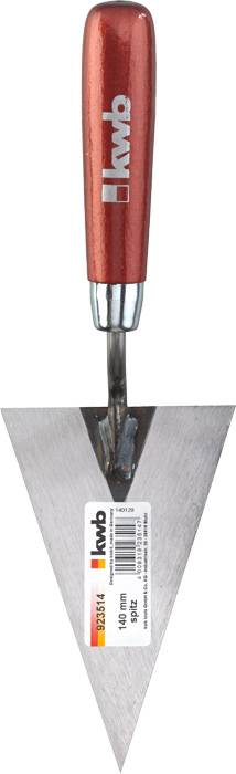 Cazzuola triangolare con manico rosso, marchio stampato. L'etichetta riporta 'kwb', 140 mm, numero articolo, codice a barre e bandiera dell'UE.