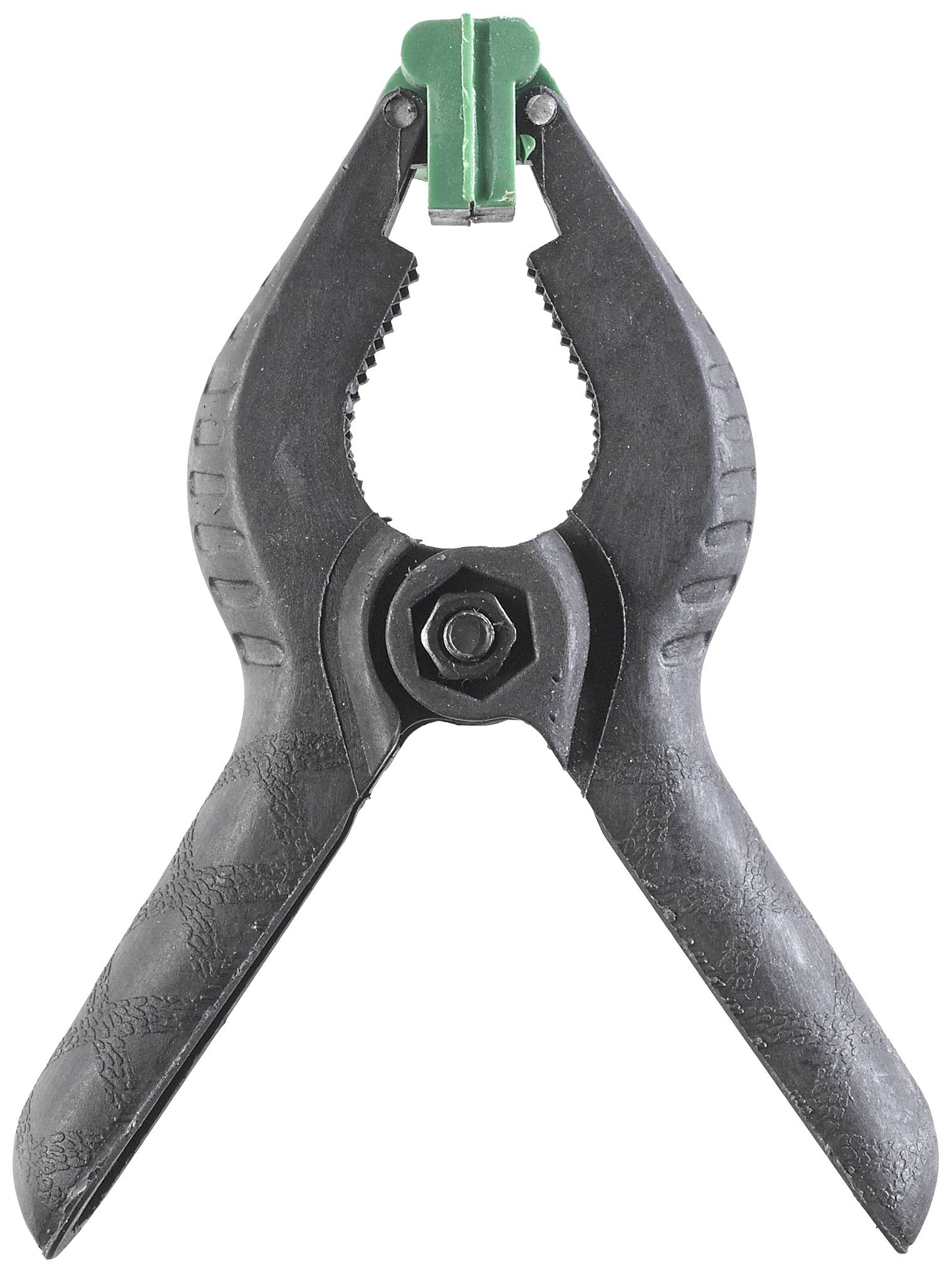 Un morsetto nero con bordi interni dentellati e un inserto in plastica verde sulla punta.