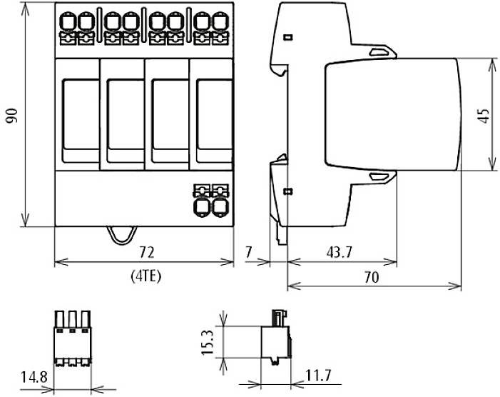 Disegno tecnico di un dispositivo elettrico con dimensioni. Mostra la vista frontale e laterale con misure in millimetri.