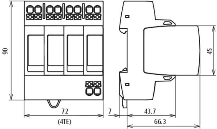 'Schéma elettrico per un dispositivo elettrico, alto 90 mm, largo 72 mm, con 4 unità (4TE). Mostra vista frontale e laterale con misure.'