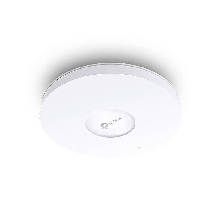 Un punto di accesso wireless bianco e rotondo con il logo TP-Link, montato a soffitto. Adatto per ambienti domestici e per uffici.