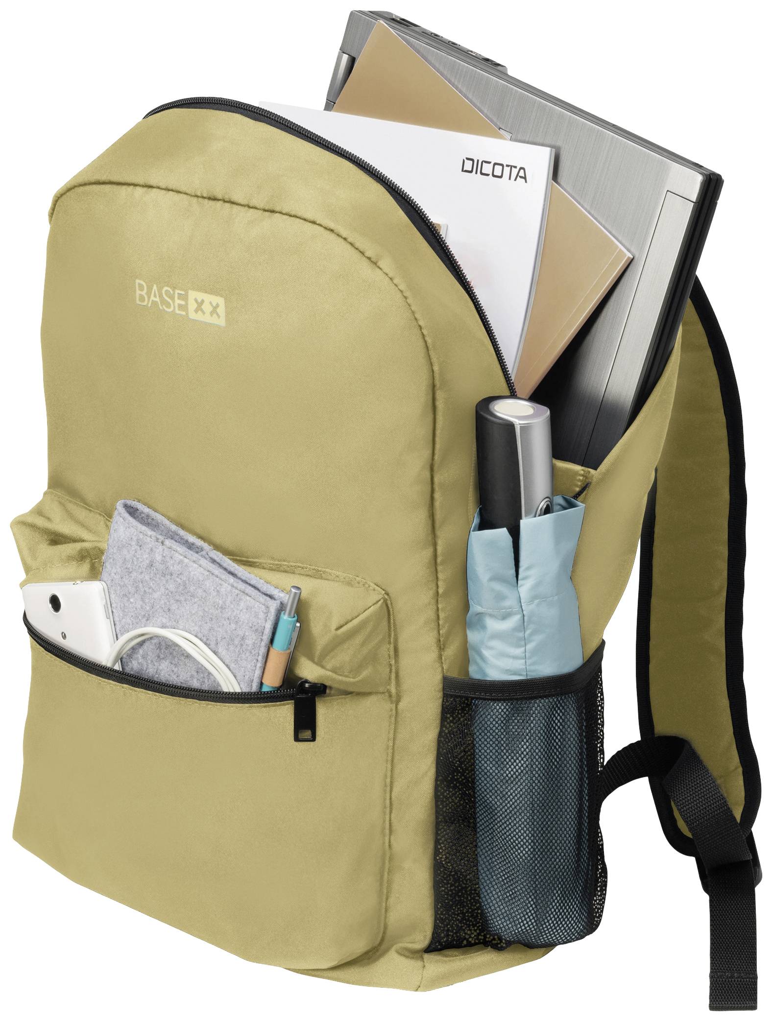 Uno zaino beige contenente un laptop, una cartella, penne e una bottiglia d'acqua.