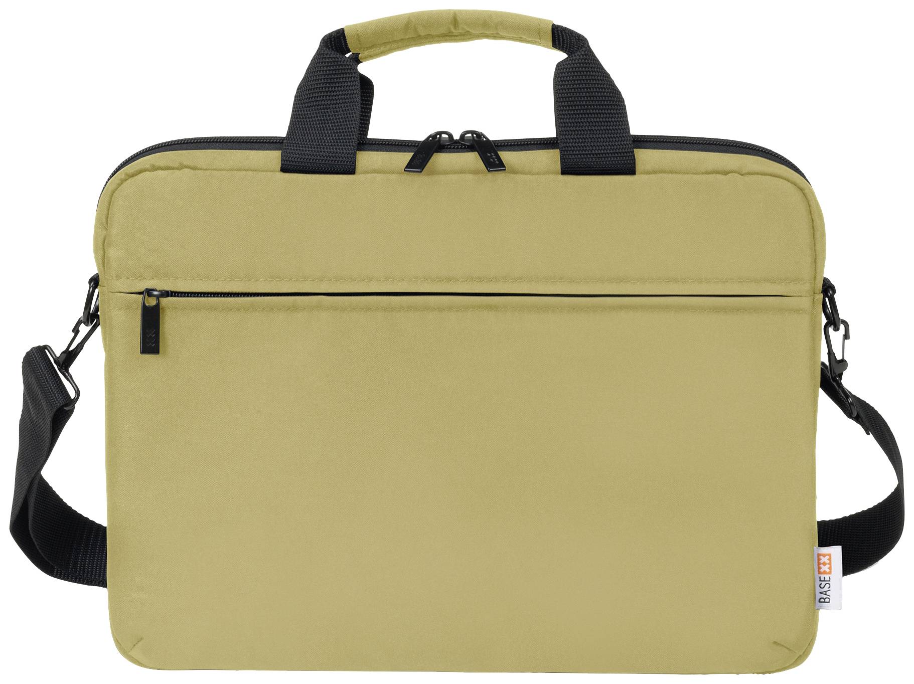 Una borsa per laptop beige con manico e tracolla rimovibile. Progettata per il trasporto sicuro dei laptop.
