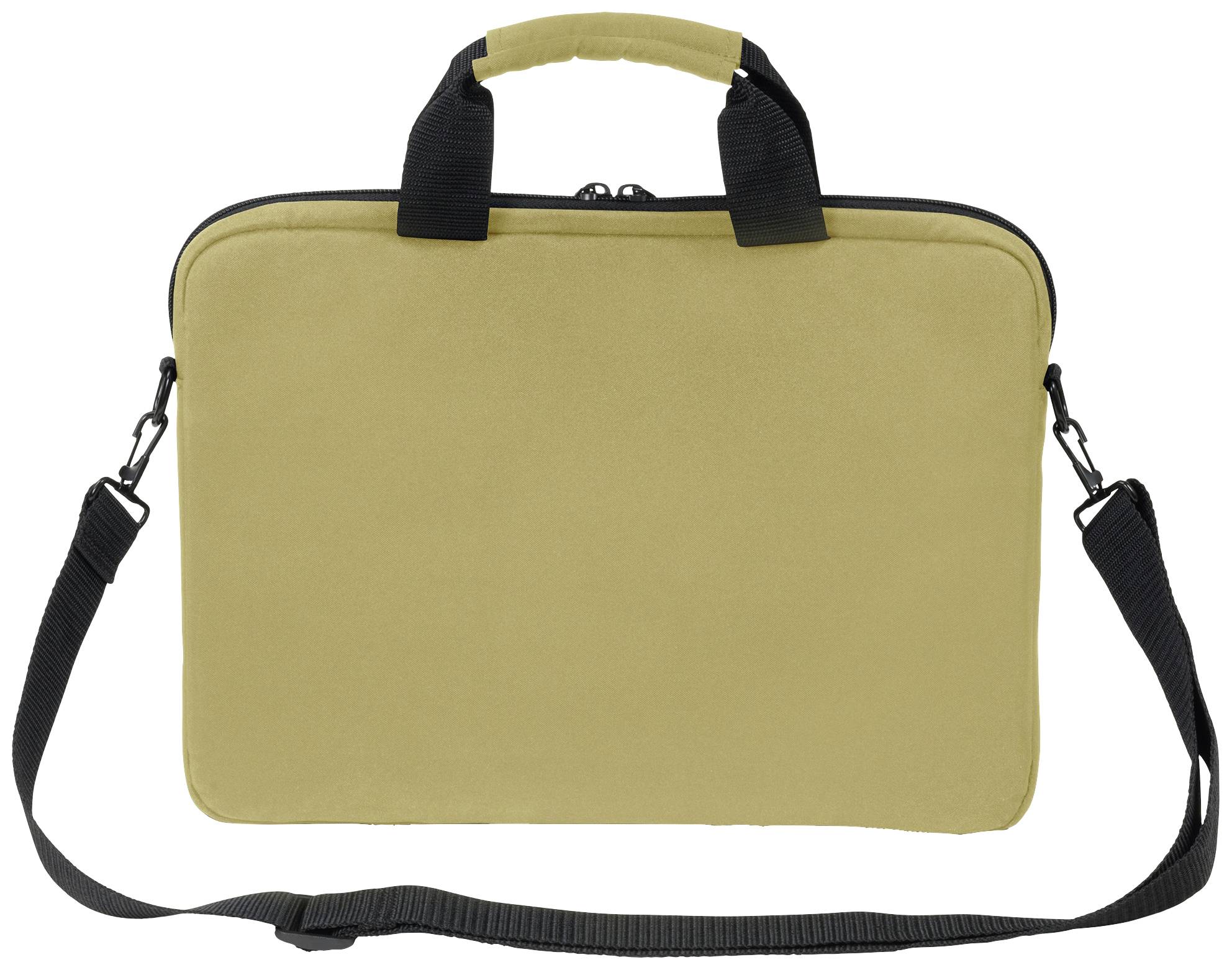 Una borsa per laptop color beige con tracolla e manici neri, chiusa, su sfondo bianco.