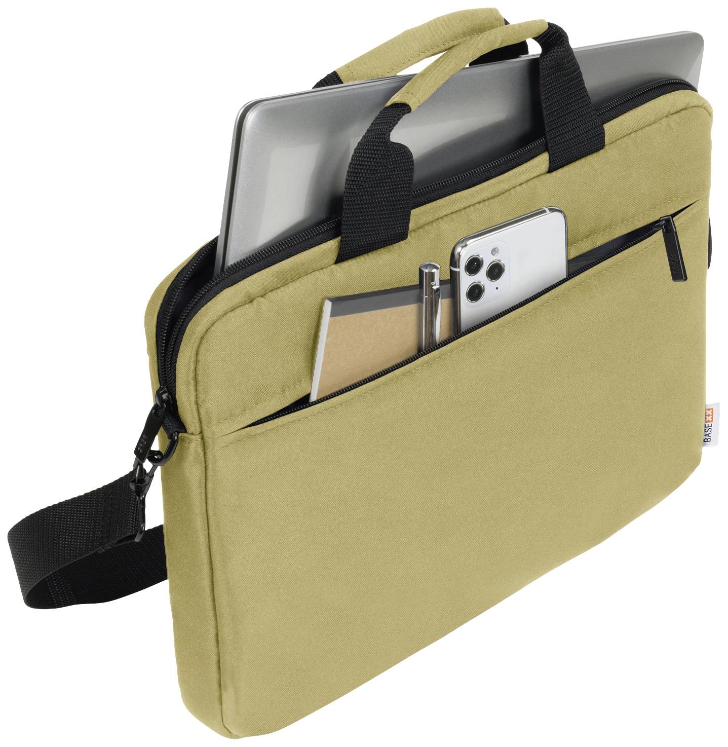 Una borsa gialla per laptop con manici, con uno scomparto con cerniera contenente un quaderno e uno smartphone, parzialmente aperta con un laptop.