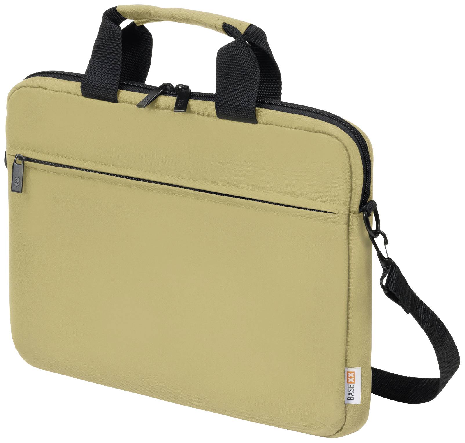 Una borsa per laptop color marrone chiaro con manici neri e tracolla removibile, adatta al trasporto di dispositivi elettronici.