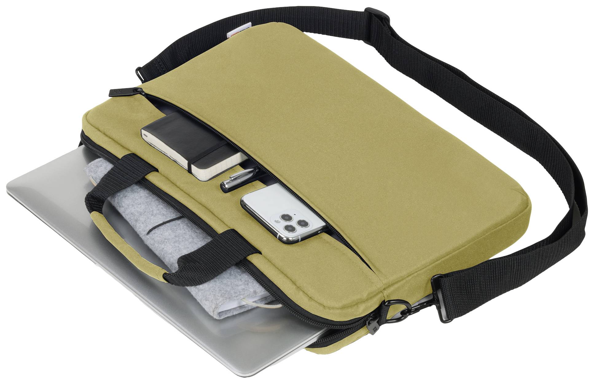 Una borsa per laptop beige aperta mostra un laptop, uno smartphone, un quaderno e delle penne, simboleggiando organizzazione e mobilità.