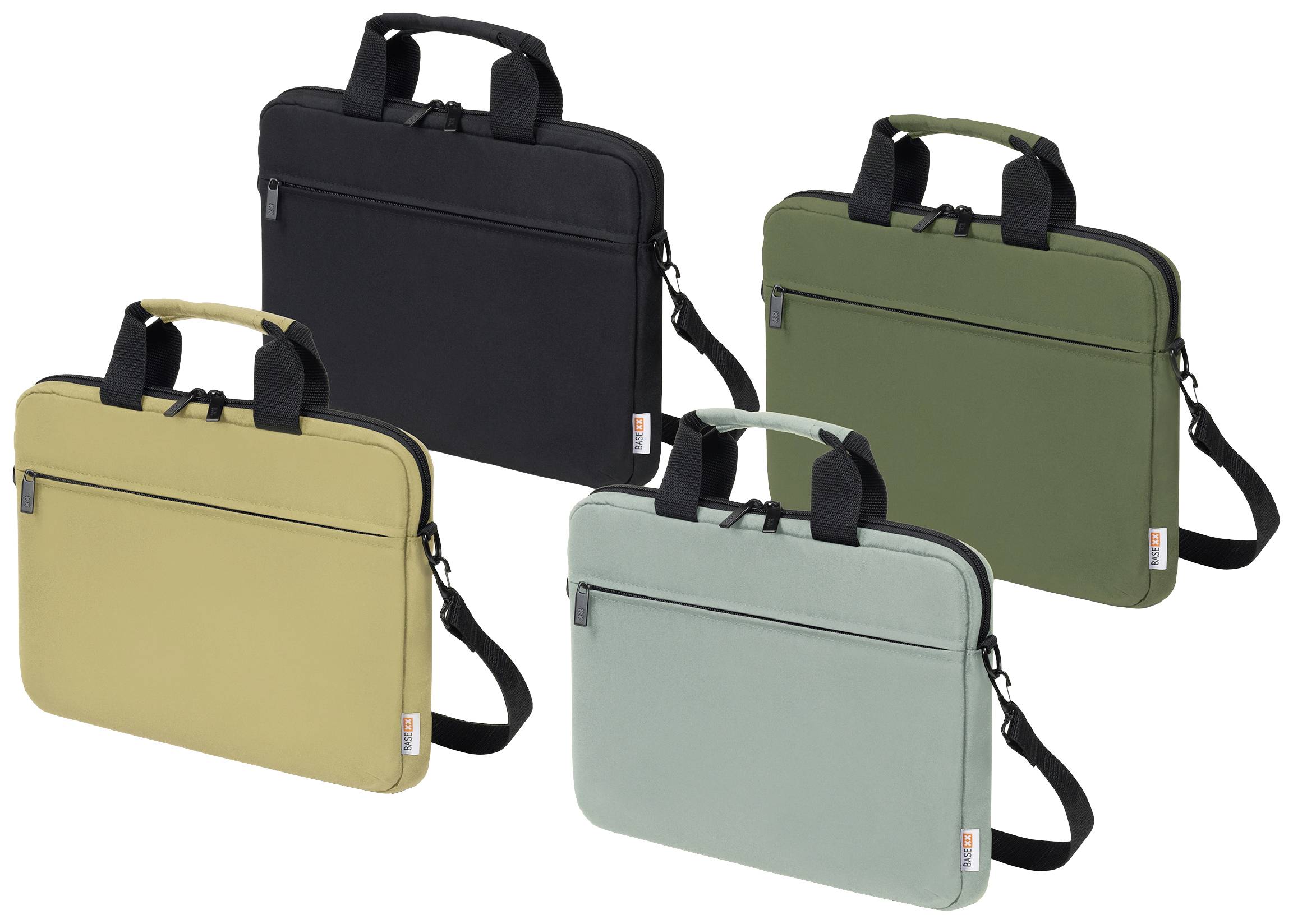 Quattro borse per laptop nei colori nero, verde, beige e verde menta chiaro, con manico e tracolla.