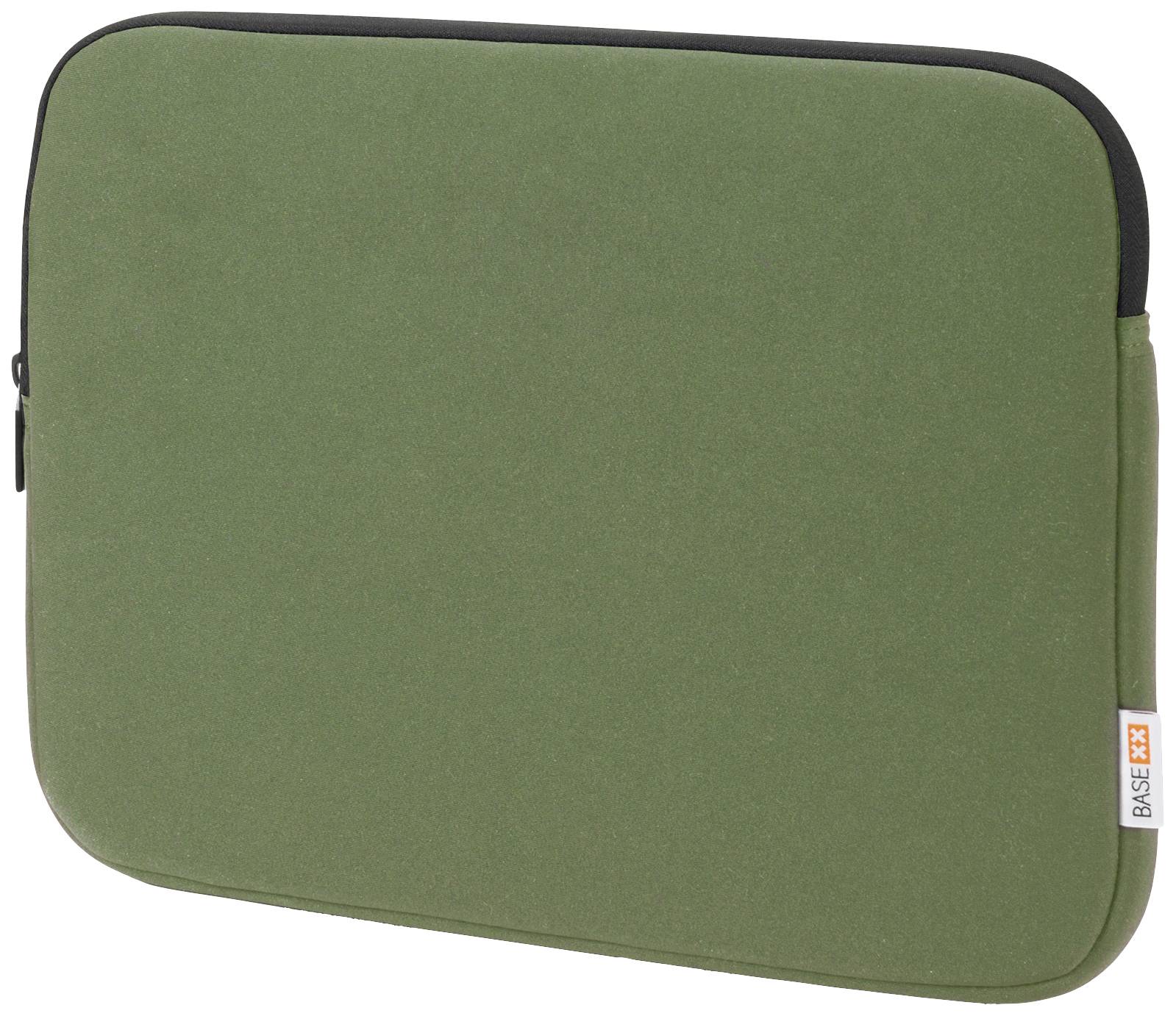 Una custodia protettiva verde per laptop con cerniera, design essenziale, con un angolo che reca un piccolo'Base' etichetta.