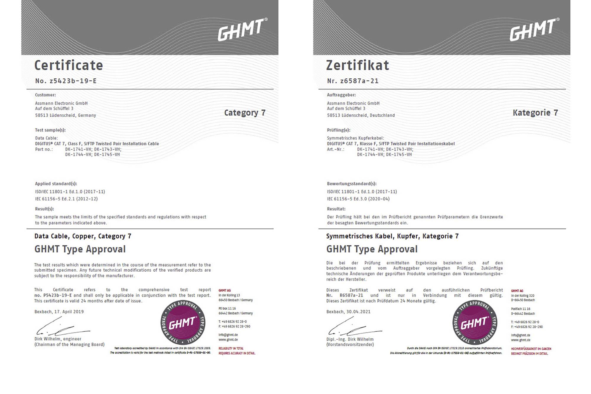 'Due certificati per cavi di rete categoria 7. Entrambi mostrano l'approvazione di tipo GHMT per cavi in rame e riportano elenchi di dettagli e specifiche.'