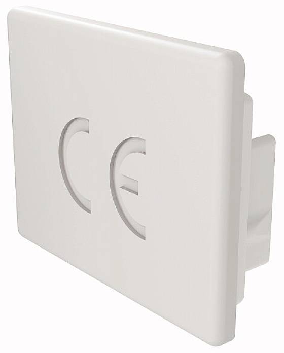 Un adattatore rettangolare con il marchio 'CE' sul lato anteriore, che indica la conformità agli standard di sicurezza europei.