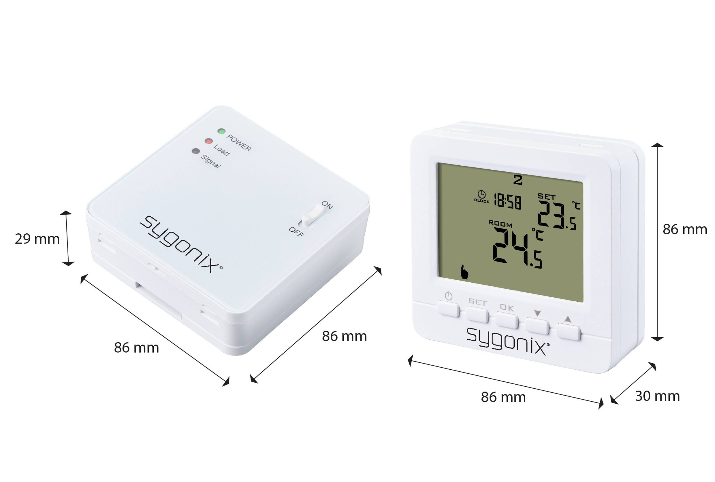Due dispositivi sygonix: a sinistra un ricevitore con indicatori LED, a destra un termostato con display. Dimensioni: 86x29mm e 86x86mm.