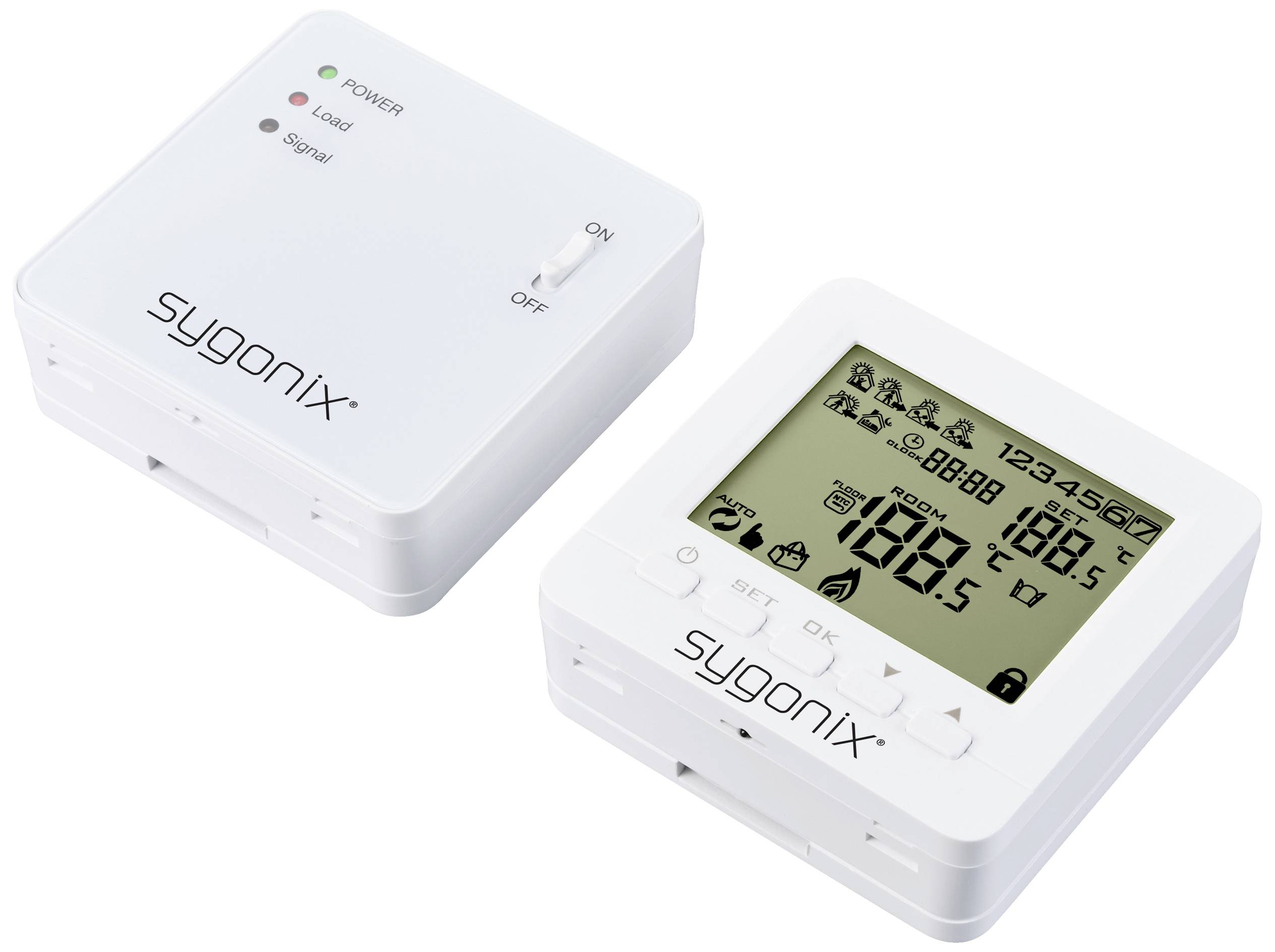 Due dispositivi elettronici bianchi di 'Sygonix'. A sinistra un'unità di controllo con LED per l'alimentazione e il segnale, a destra uno strumento di misurazione con display LCD contenente vari simboli e numeri.