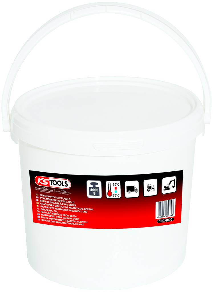 Un secchio bianco con manico, marca KS Tools, ha un'etichetta con pittogrammi e indicazioni per l'uso e l'intervallo di temperatura (da 5°C a 30°C).