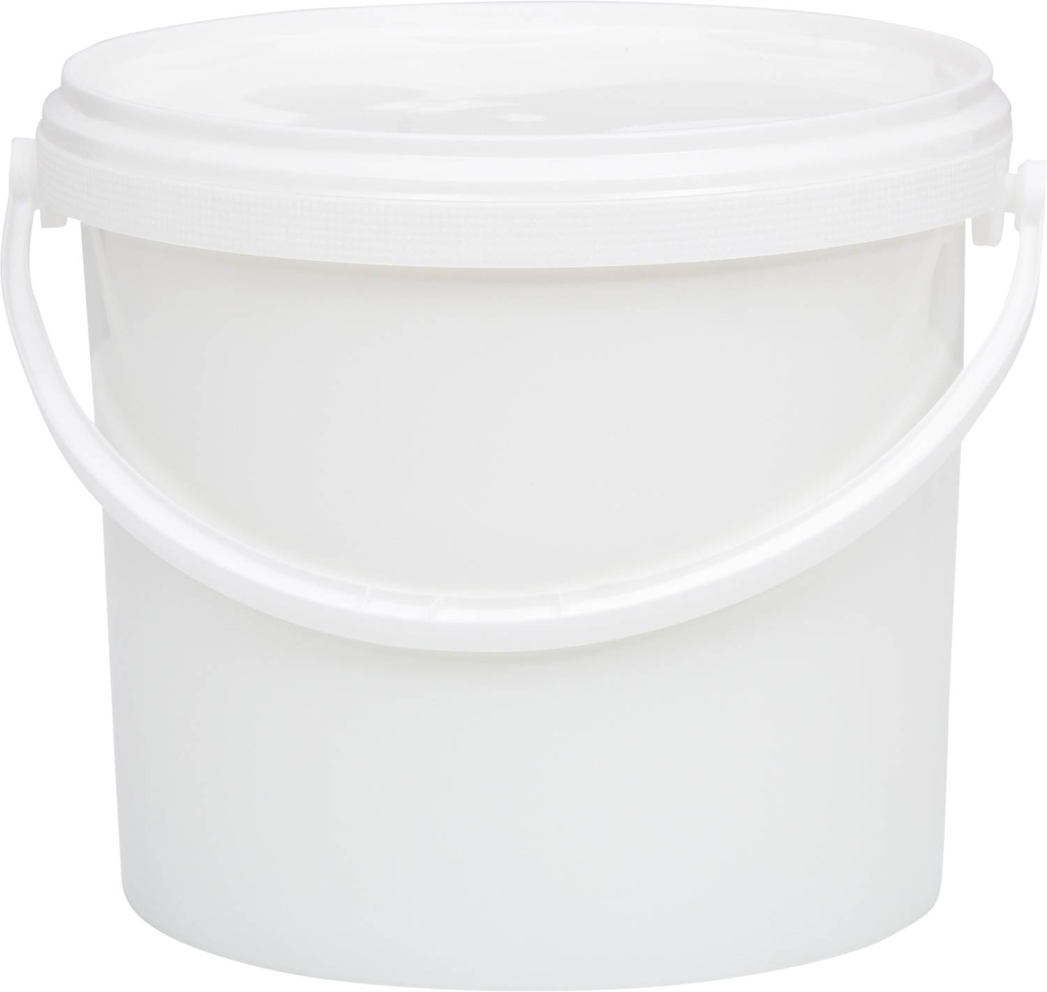 Un secchio di plastica bianco, rotondo, con manico, probabilmente utilizzato per il trasporto o lo stoccaggio di liquidi o materiali.