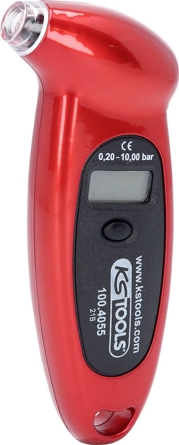 Manometro digitale per pneumatici Red KSTools con display LCD, pulsante ovale e ugello in metallo su sfondo bianco.