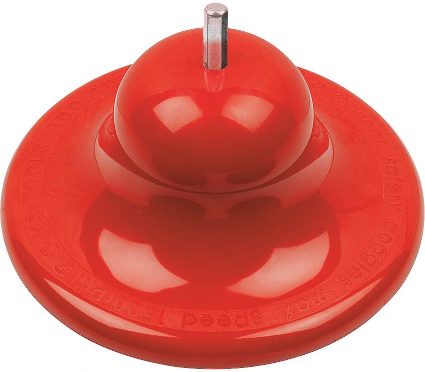 Sbattitore rotondo e rosso, con manico superiore, utilizzato per tritare o mescolare manualmente gli ingredienti.