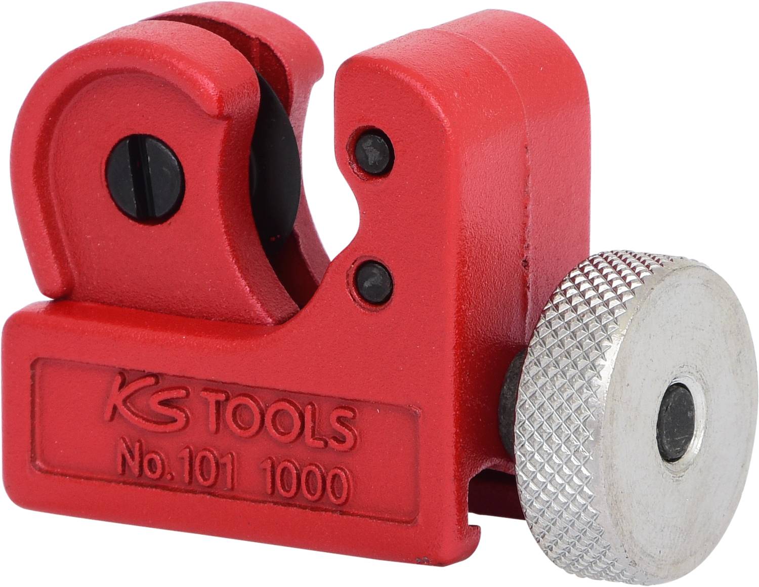 Un tagliatubi rosso con l'iscrizione 'KS TOOLS No. 101 1000', idoneo al taglio di tubi in rame e alluminio.
