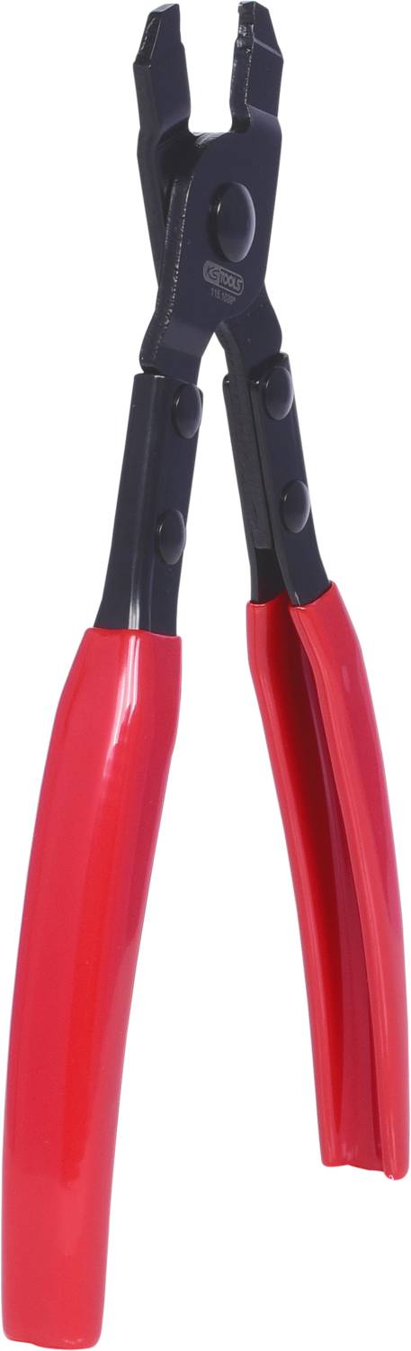 Pinza rossa con impugnatura nera, utilizzata per lavori meccanici e per afferrare oggetti con precisione.