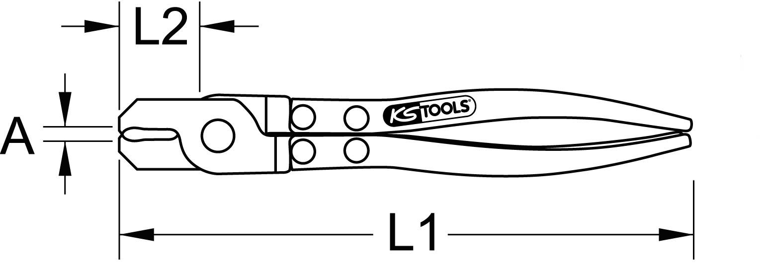 Disegno tecnico di una pinza con indicazione delle misure L1, L2 e A.