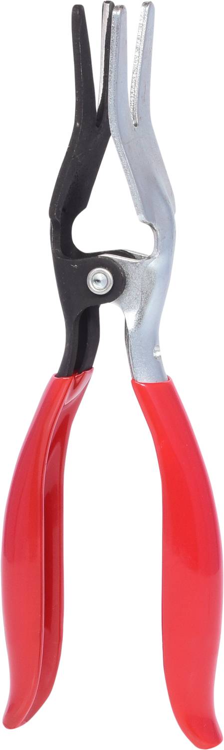 Una pinza rossa con impugnatura nera, aperta. Parte principale dell'utensile color argento, adatta per lavori di meccanica di precisione o elettronica.