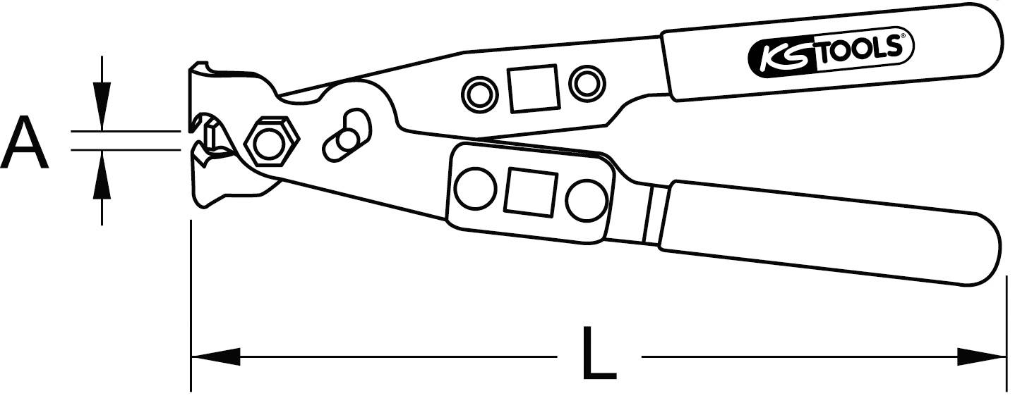 Figura di una pinza con la scritta 'KS Tools'. Le misure sono contrassegnate con 'A' e 'L'; rilevante per disegni tecnici.