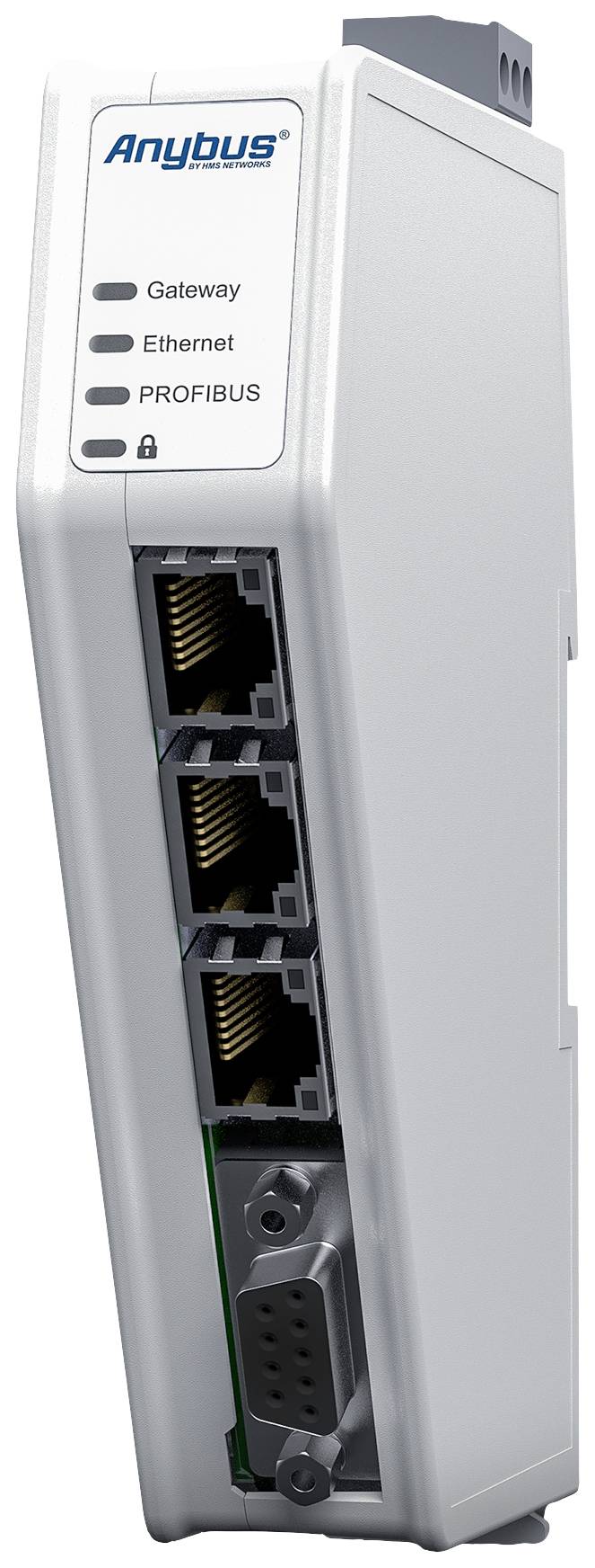 Un dispositivo gateway bianco con la scritta 'Anybus', dotato di tre porte Ethernet e una porta PROFIBUS, è in posizione verticale.