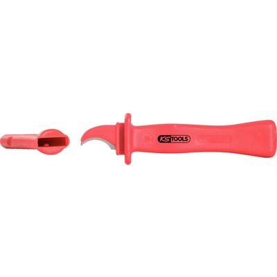 Coltello spelacavi rosso con cappuccio di protezione, logo del marchio 'KS Tools' sul manico.
