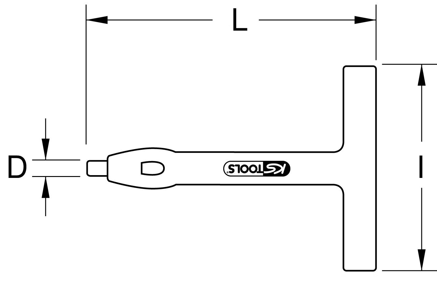 Disegno di una chiave inglese a T con le misure 'L' per la lunghezza e 'D' per il diametro dell'esagono. Logo 'K-Tools' sopra.