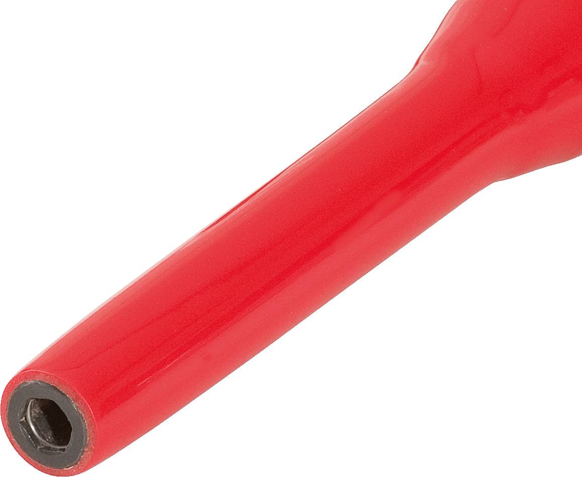 Pezzo cilindrico rosso in plastica con foro esagonale sul lato frontale, probabilmente un manico utensile.