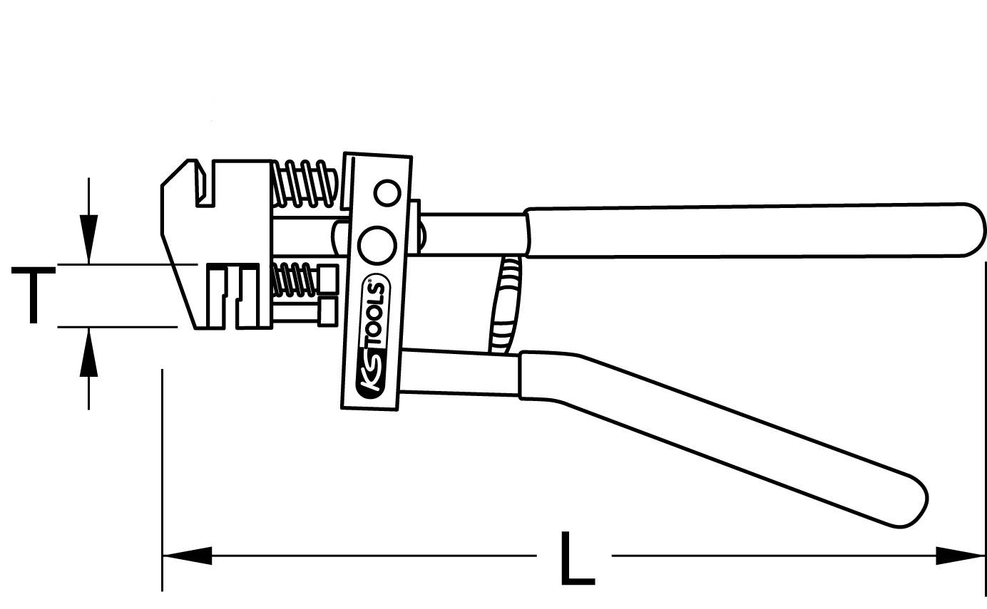 Illustrazione di un chiave a pappagallo con indicazioni e misure 'T' per l'apertura delle ganasce e 'L' per la lunghezza totale.