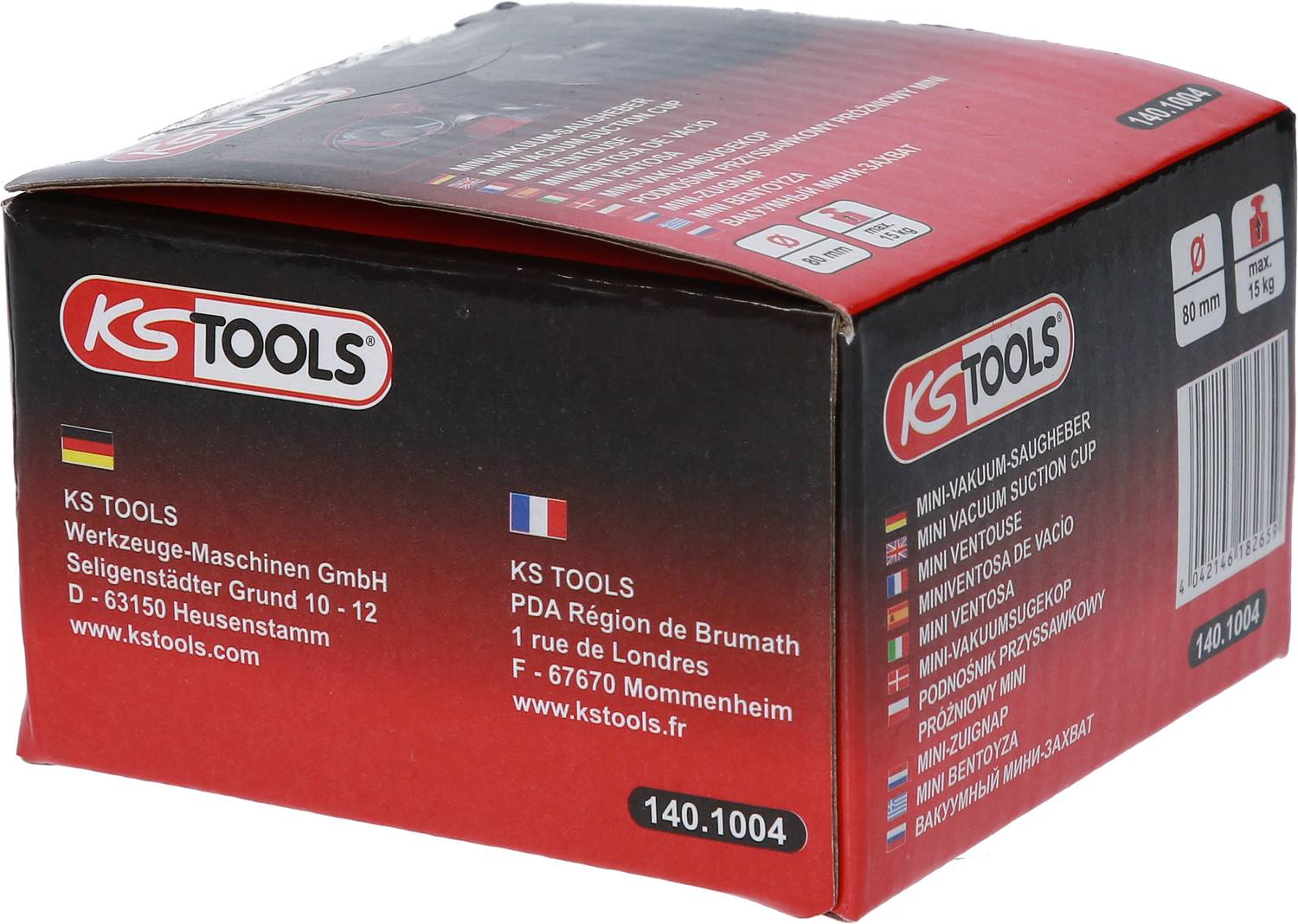 Un imballaggio rosso di KS Tools con informazioni aziendali in tedesco e francese. Mostra la bandiera tedesca e francese.