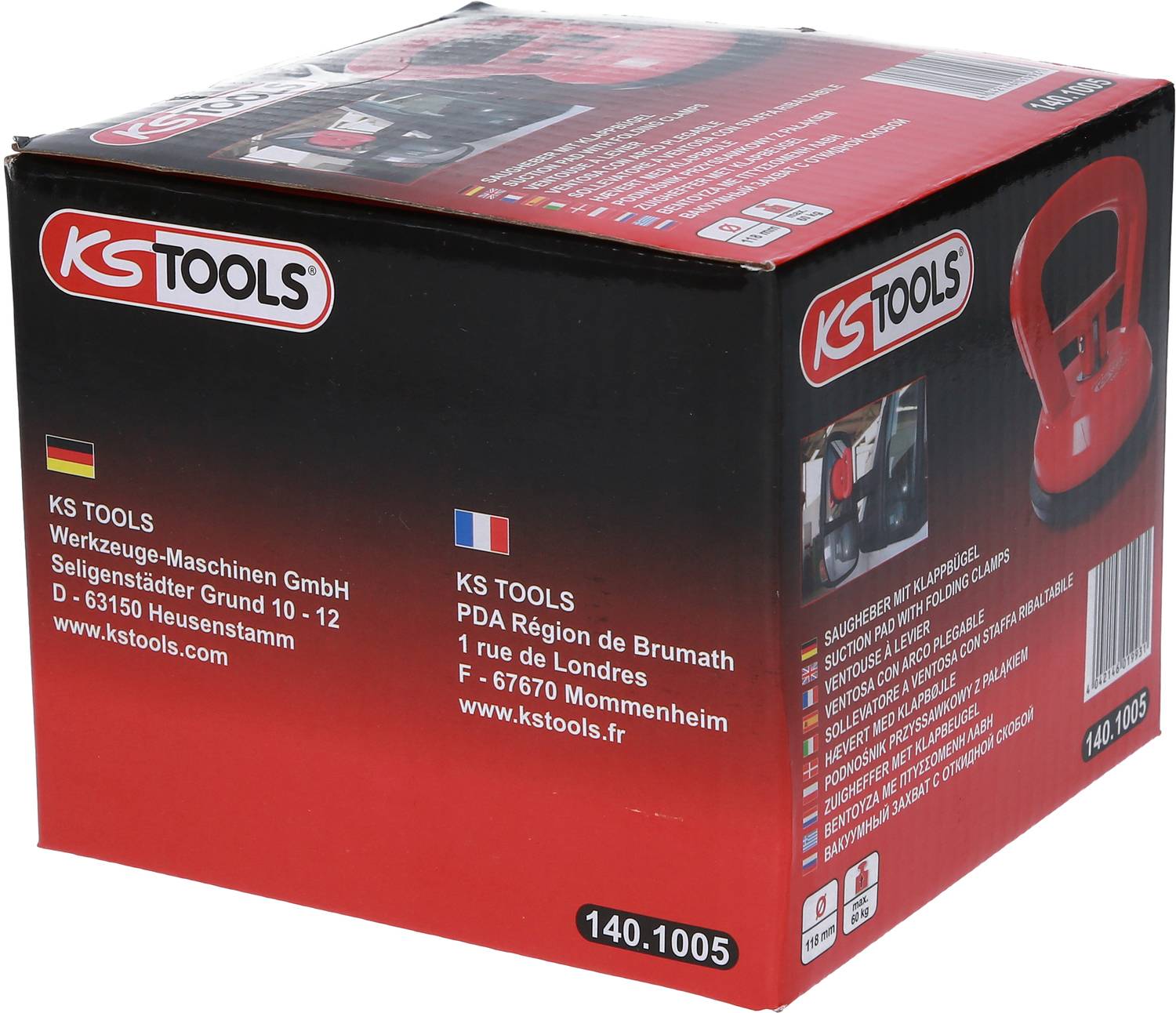 Cartone rosso con logo KS Tools, informazioni sul prodotto e indirizzi. Contiene dettagli tecnici e recapiti dei produttori.