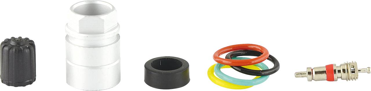 Set di parti per valvola della bicicletta: cappuccio valvola nero, adattatore argentato, guarnizione nera, anelli di tenuta colorati, valvola.
