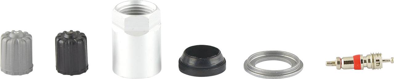 Set di accessori per valvole pneumatici, composto da due cappucci valvola, un adattatore per lo stelo della valvola, un anello di tenuta, un anello metallico e un inserto valvola.