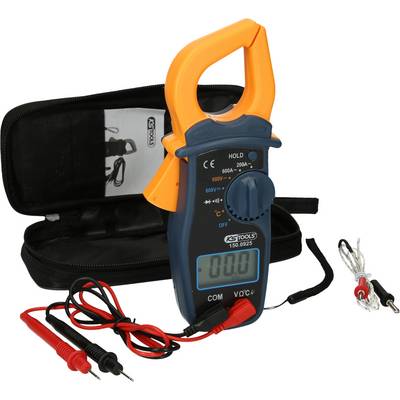 Calibro digitale a pinza con custodia aperta, display azzerato, accessori di accompagnamento e cavi di misurazione, pronto per il rilevamento elettrico.
