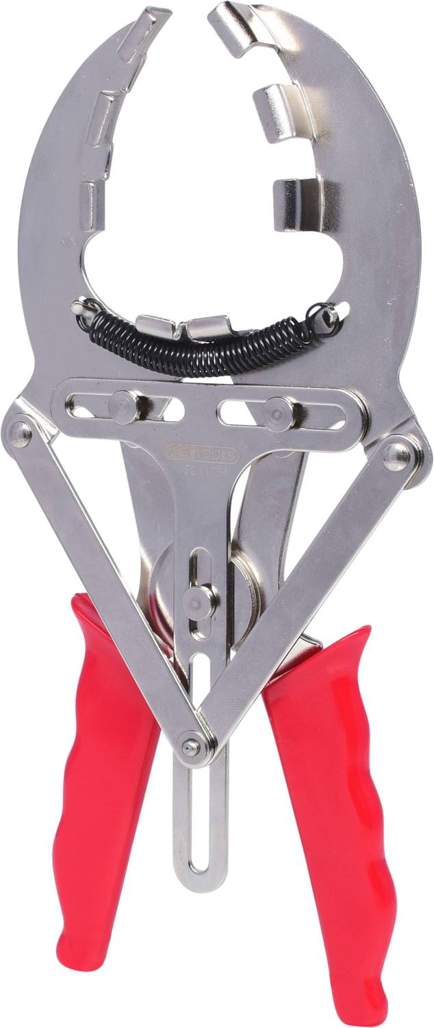 Una pinza metallica con impugnature rosse, adatta per chiudere fermagli o chiusure speciali, utilizzata in applicazioni meccaniche.